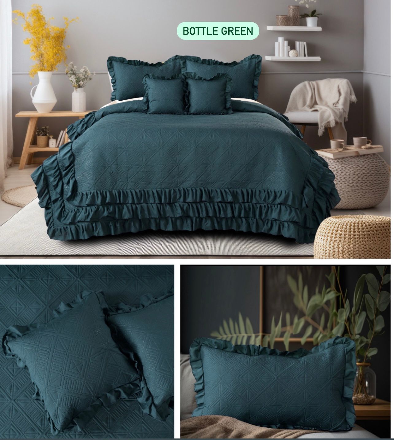 Premium Glace Cotton Embossed Bedcover with Frill Edges – Elegant Ruffled Bedding Set