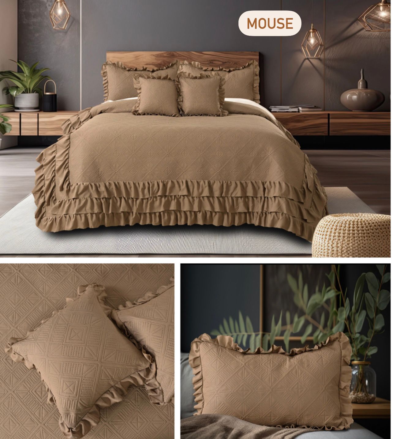 Premium Glace Cotton Embossed Bedcover with Frill Edges – Elegant Ruffled Bedding Set