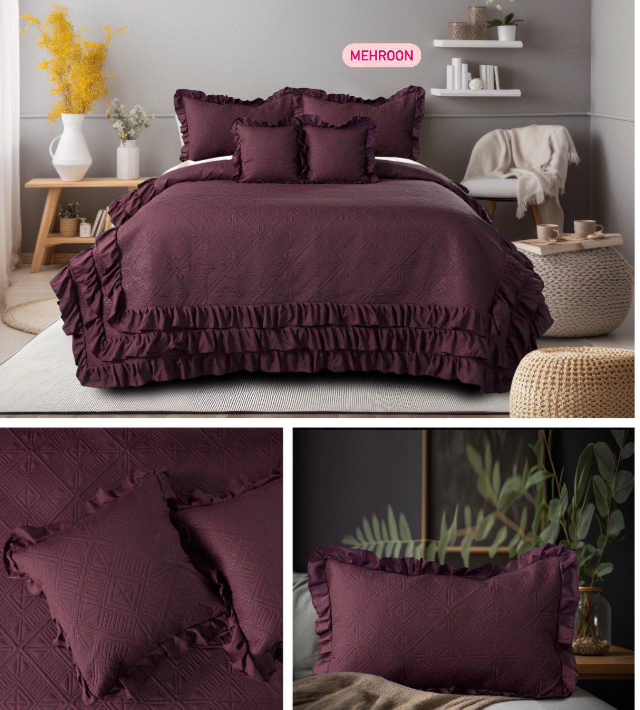 Premium Glace Cotton Embossed Bedcover with Frill Edges – Elegant Ruffled Bedding Set