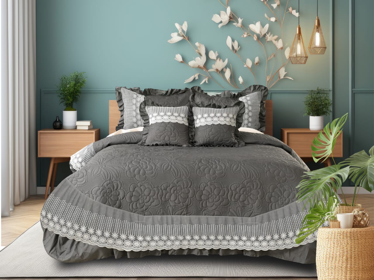 5-Piece Luxury Glace Cotton Bedcover Set with Frill & Lace – Includes Bedcover, Pillow Covers & Cushions (Maroon)