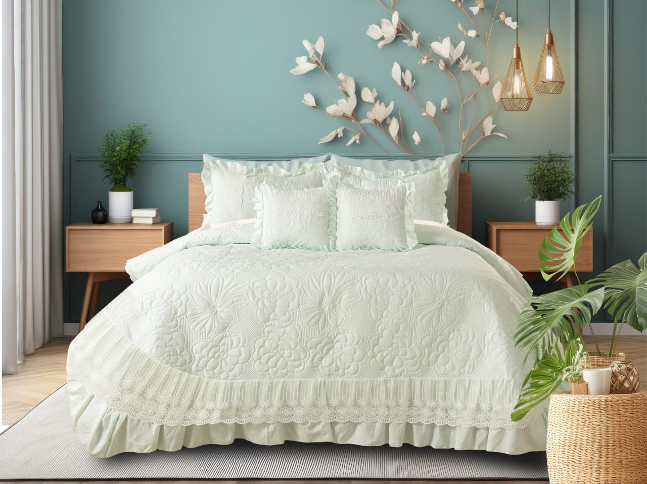 5-Piece Luxury Glace Cotton Bedcover Set with Frill & Lace – Includes Bedcover, Pillow Covers & Cushions (Maroon)