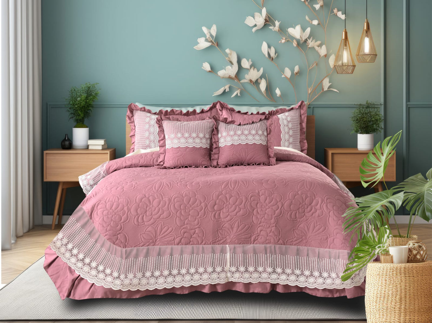 5-Piece Luxury Glace Cotton Bedcover Set with Frill & Lace – Includes Bedcover, Pillow Covers & Cushions (Maroon)