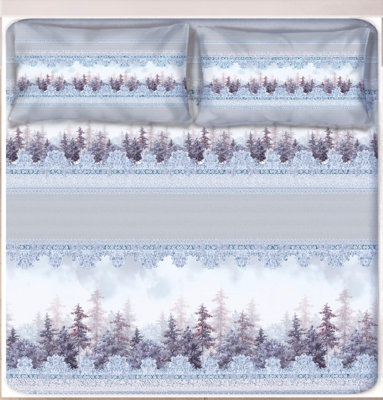 Digital Print Satin Cotton Bedsheet – Frosted Woodland Elegance
