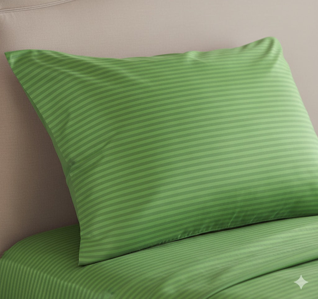 Parrot Green Glace Cotton Striped Bedsheet Set – 144 GSM with Pillow Covers