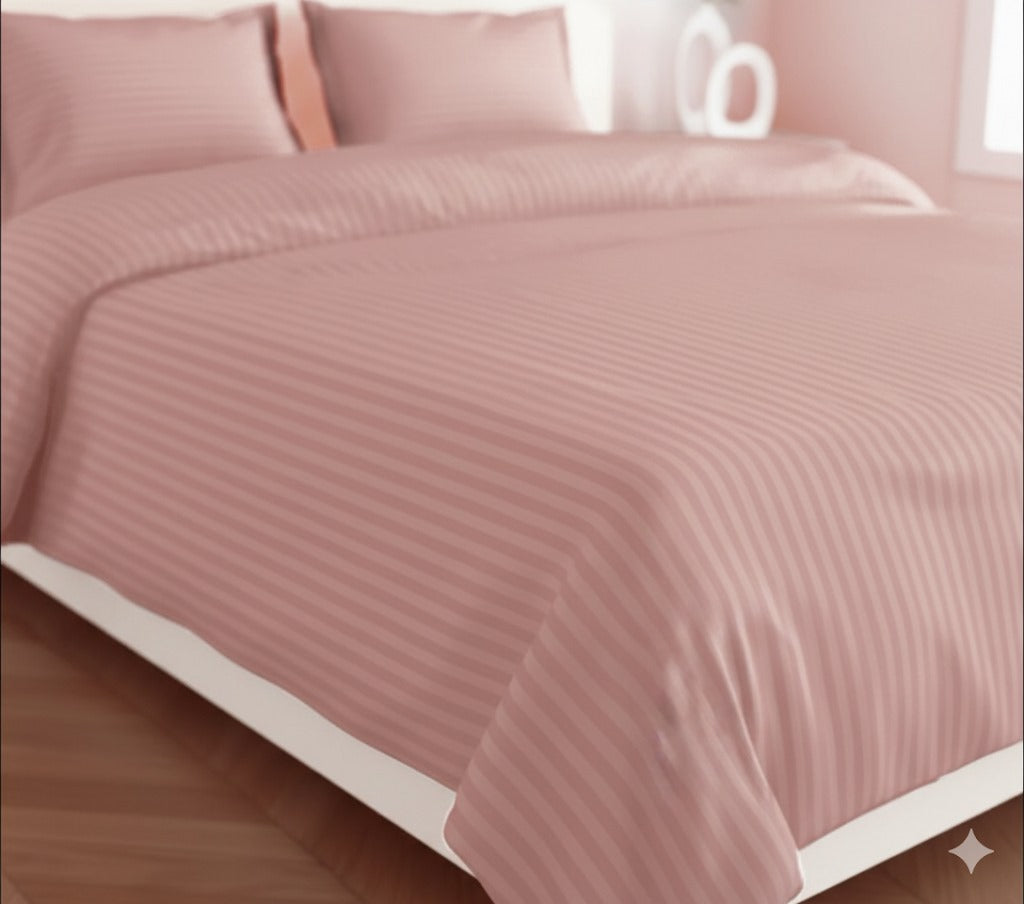 Peach Glace Cotton Striped Bedsheet Set – 144 GSM with Pillow Covers