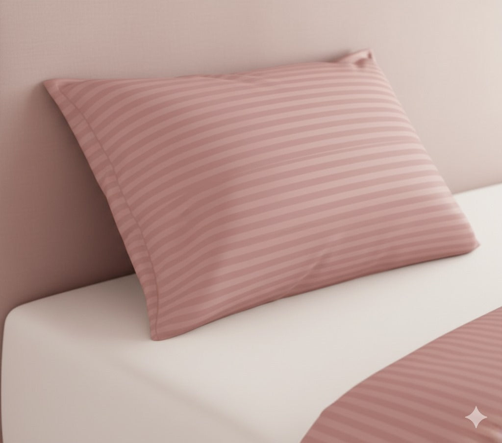 Peach Glace Cotton Striped Bedsheet Set – 144 GSM with Pillow Covers