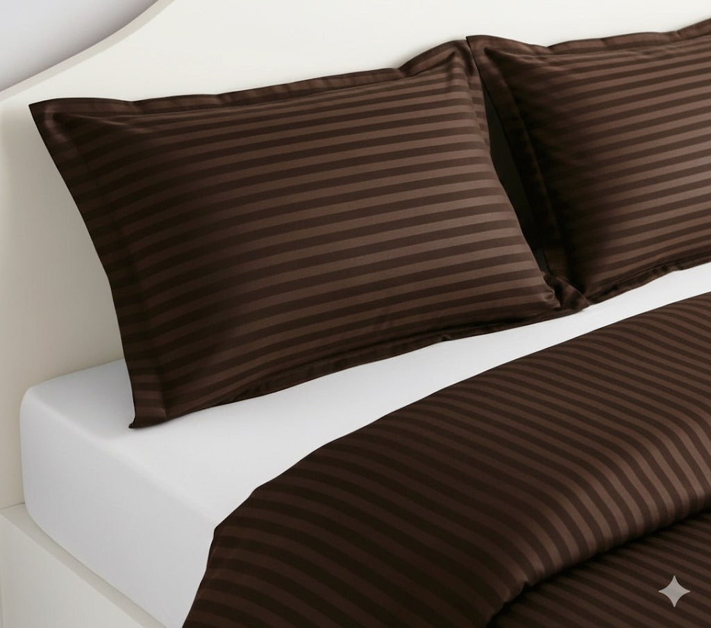 Dark Coffee Glace Cotton Striped Bedsheet Set – 144 GSM with Pillow Covers