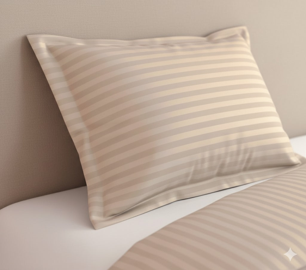 Cream Glace Cotton Striped Bedsheet Set – 144 GSM with Pillow Covers