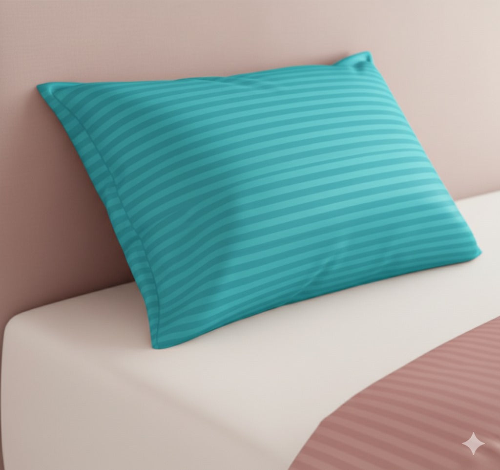 Turquoise Glace Cotton Striped Bedsheet Set – 144 GSM with Pillow Covers