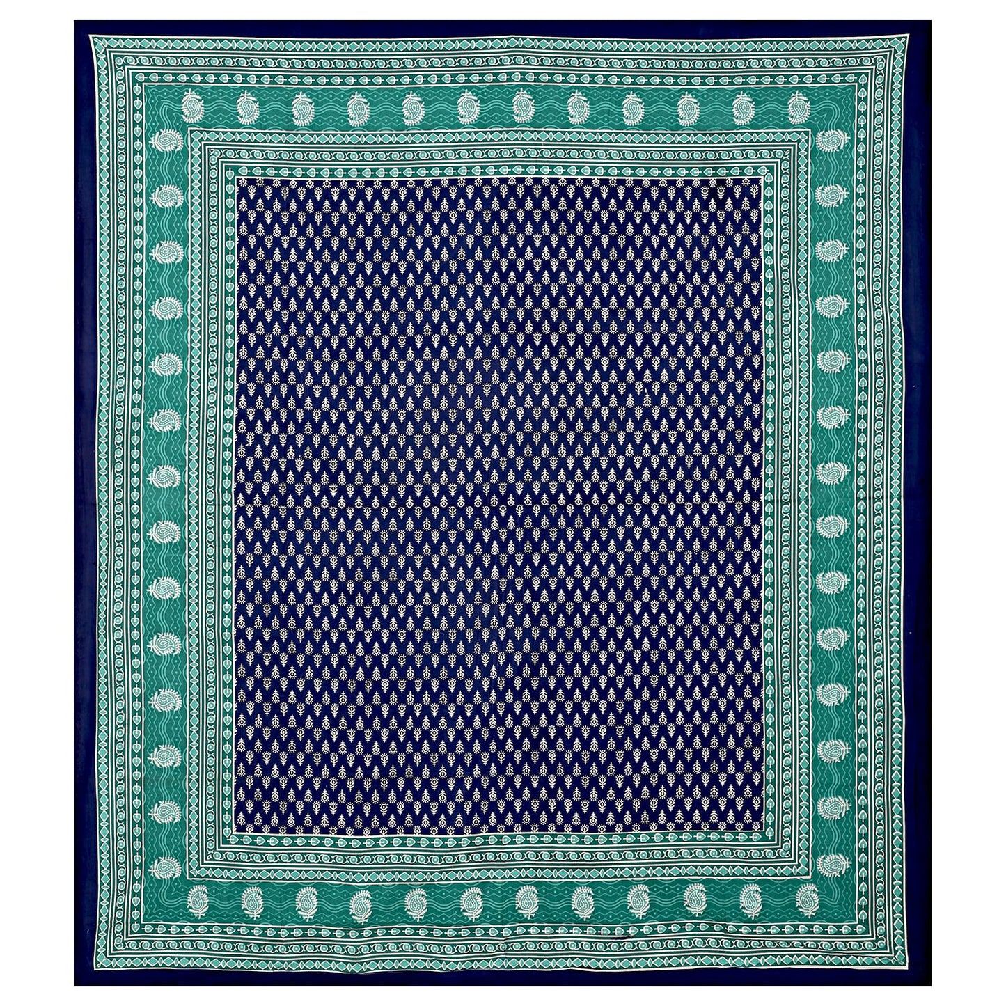 Premium Cotton Double Bedsheet with Pillow Covers – Indigo & Teal Block Print, 210 TC