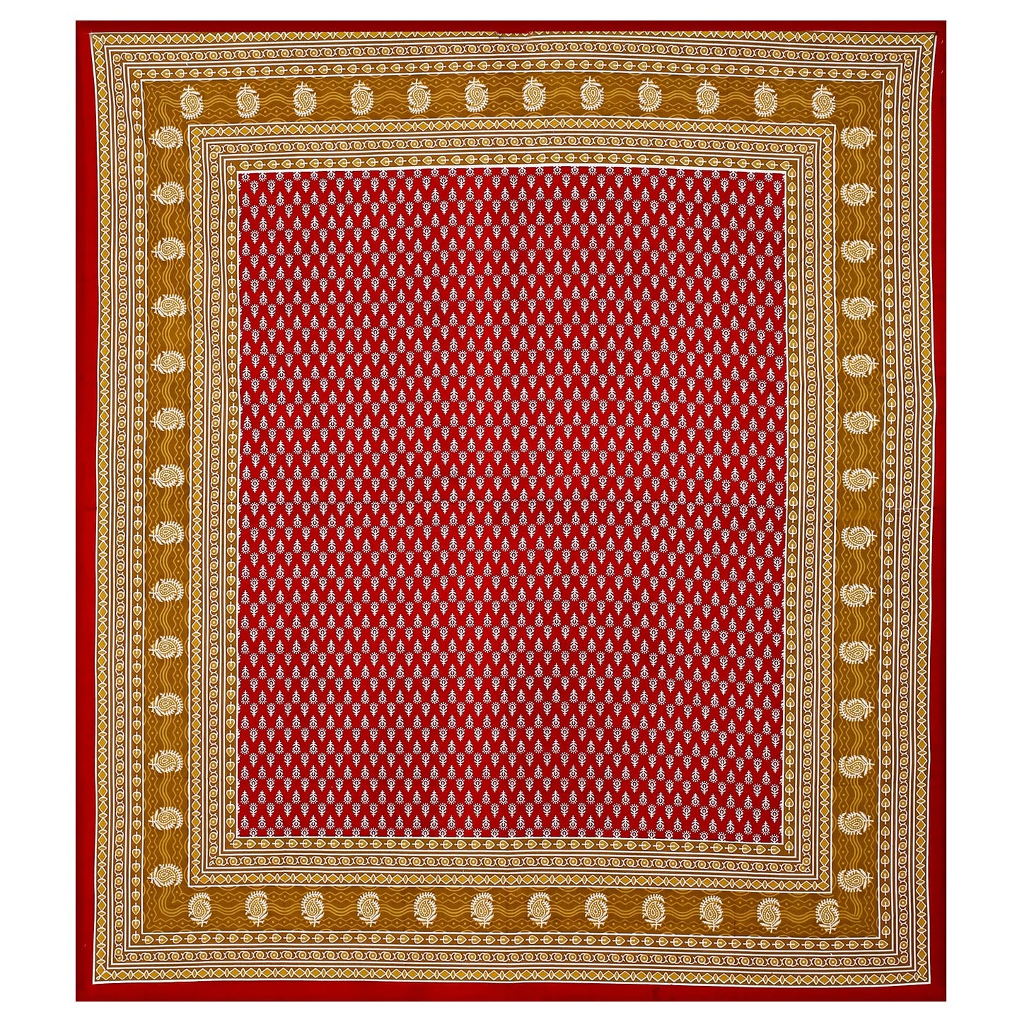 Jaipuri Cotton Double Bedsheet with 2 Pillow Covers – Red & Beige Floral Print, TC 210