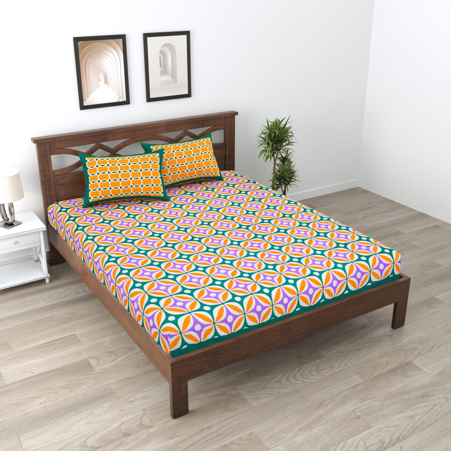 Premium 210 TC Double Bedsheet with Pillow Covers – Orange & Purple Geometric Floral Print