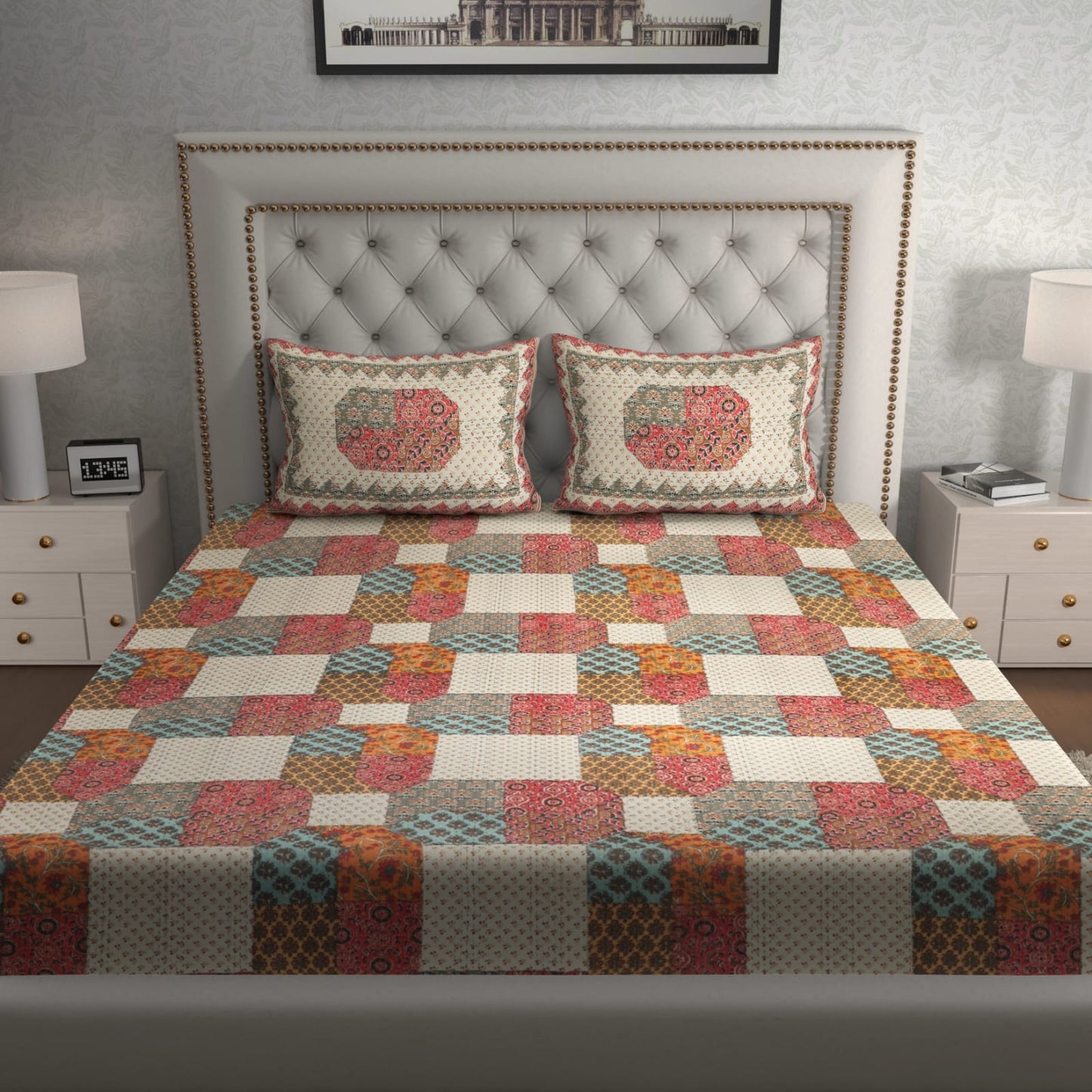Premium 210 TC Double Bedsheet with Pillow Covers – Multicolor Patchwork Block Print