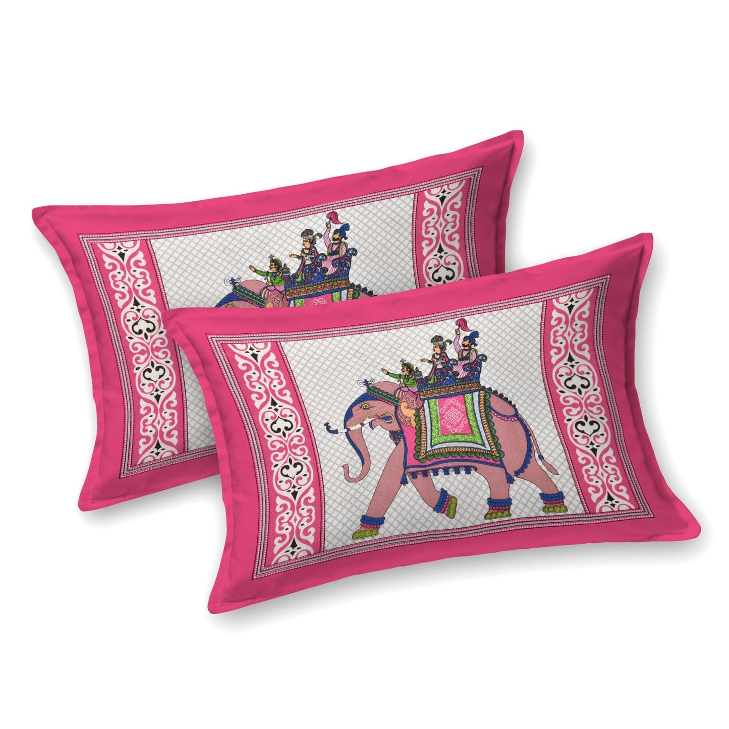 Premium 210 TC Cotton Double Bedsheet with Traditional Elephant Print – Set of 2 Pillow Covers
