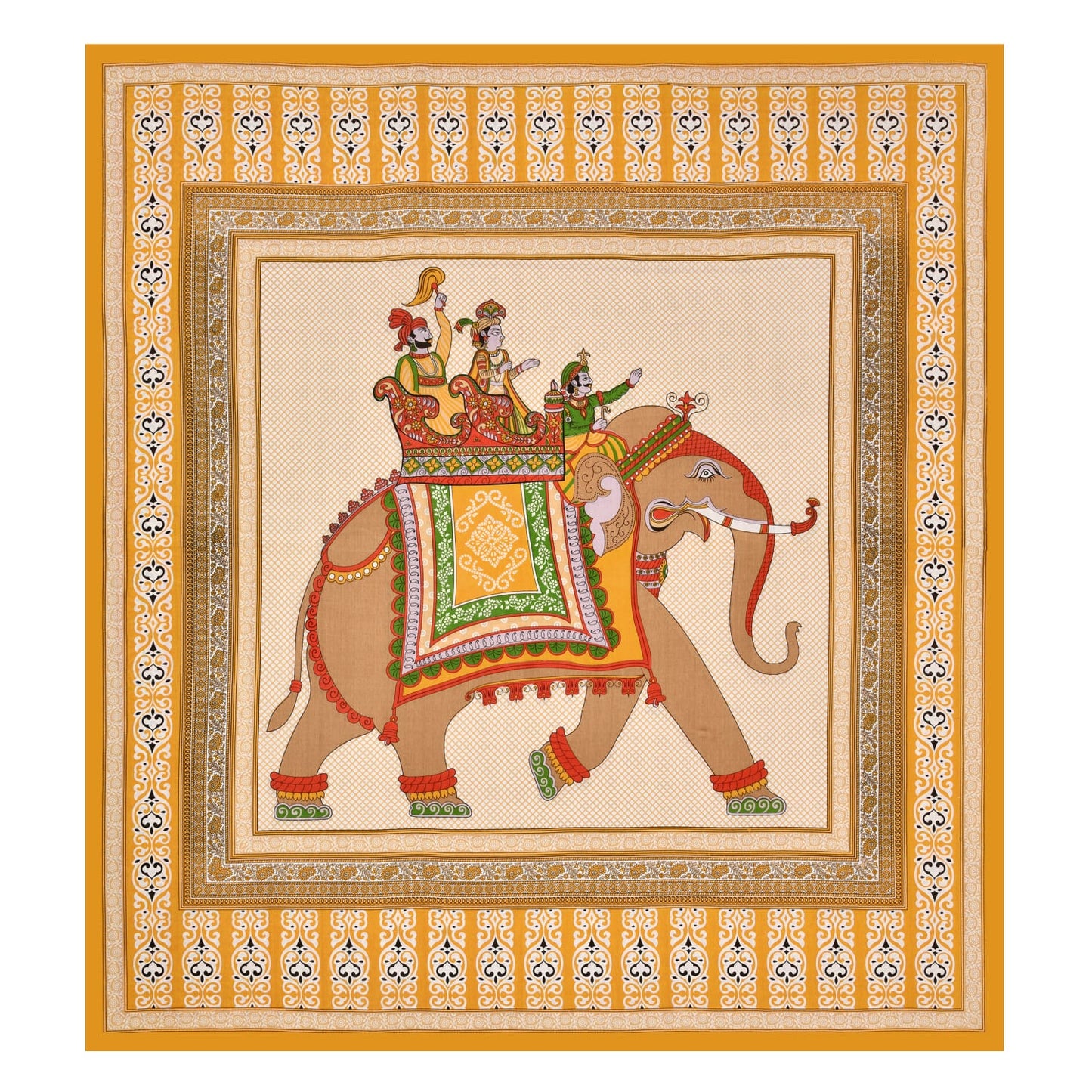 Jaipuri Cotton Double Bedsheet with 2 Pillow Covers – Rajasthani Elephant Print, Yellow & Beige (100x108, 210 TC)