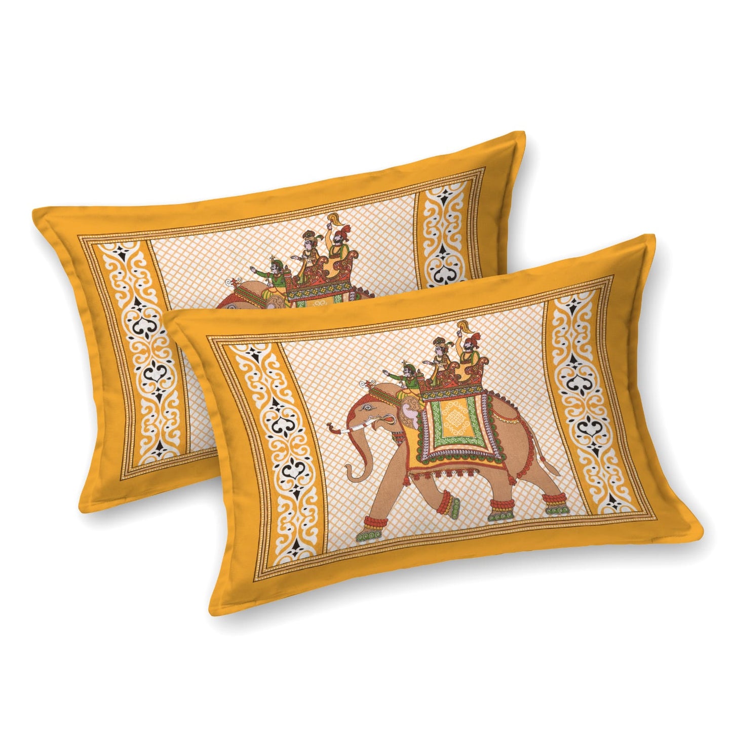 Jaipuri Cotton Double Bedsheet with 2 Pillow Covers – Rajasthani Elephant Print, Yellow & Beige (100x108, 210 TC)