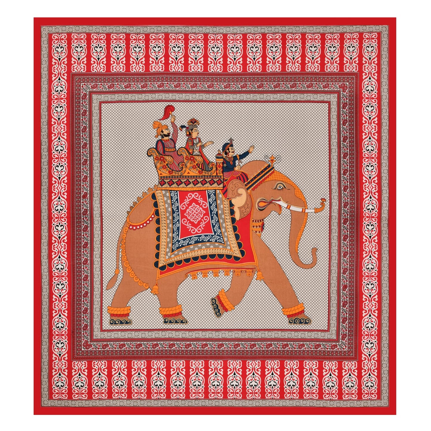 Premium 210 TC Cotton Double Bedsheet with Pillow Covers β Traditional Elephant Print, Red & Beige β Soft & Durable Bed Linen Set
