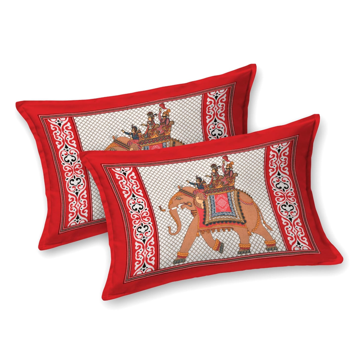 Premium 210 TC Cotton Double Bedsheet with Pillow Covers β Traditional Elephant Print, Red & Beige β Soft & Durable Bed Linen Set