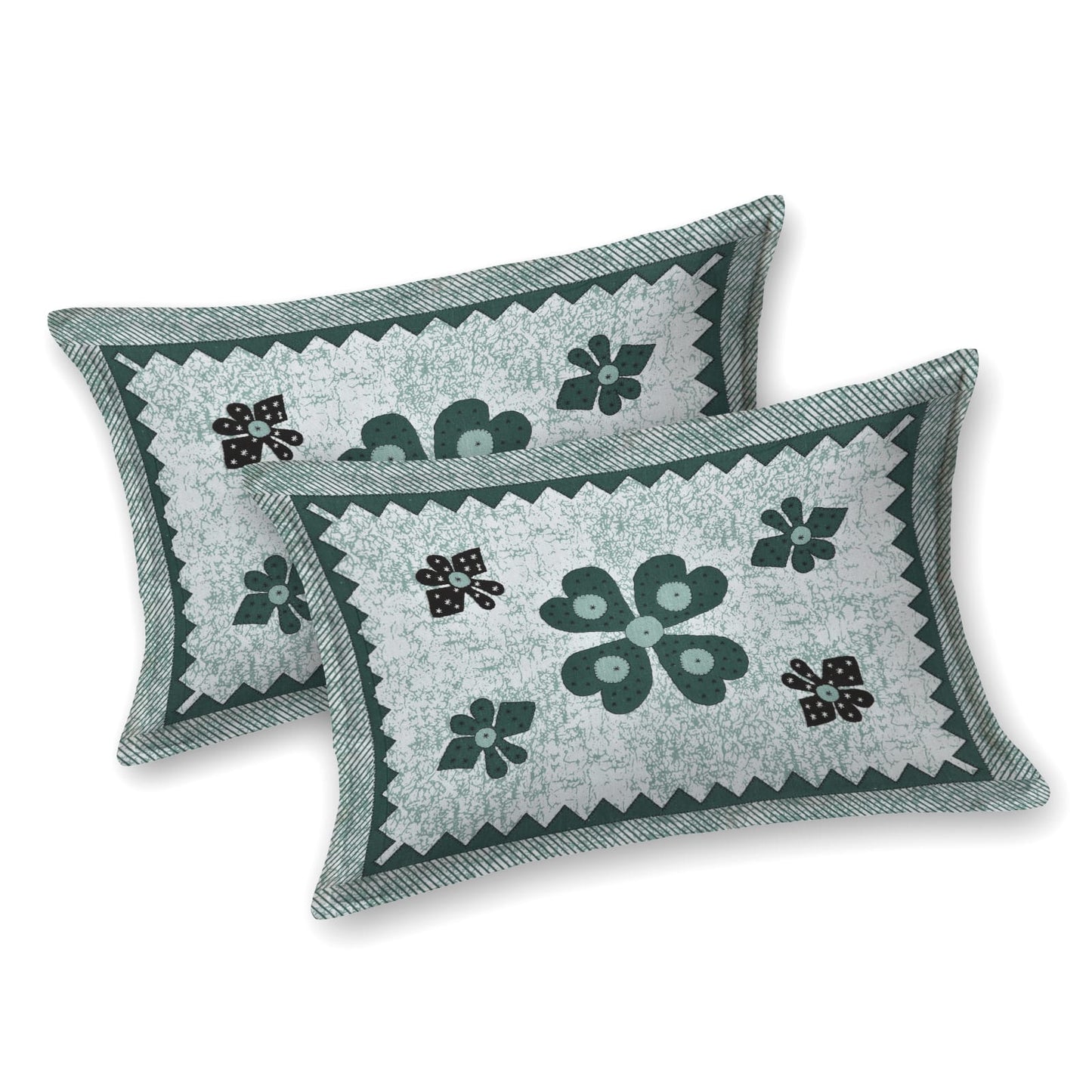 Handblock Print Double Bedsheet with Pillow Covers – 210 TC, Green & Blue Floral Mandala Design