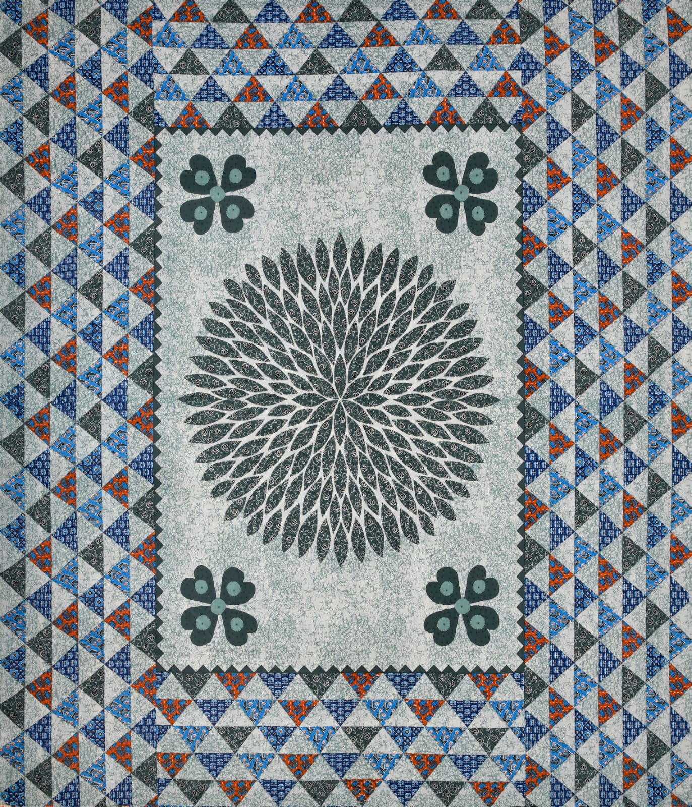 Handblock Print Double Bedsheet with Pillow Covers – 210 TC, Green & Blue Floral Mandala Design
