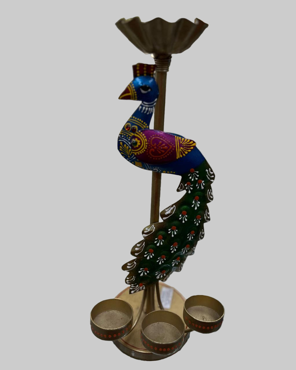 Handcrafted Brass Peacock Diya Stand – Multi-Colored Decorative Oil Lamp Holder