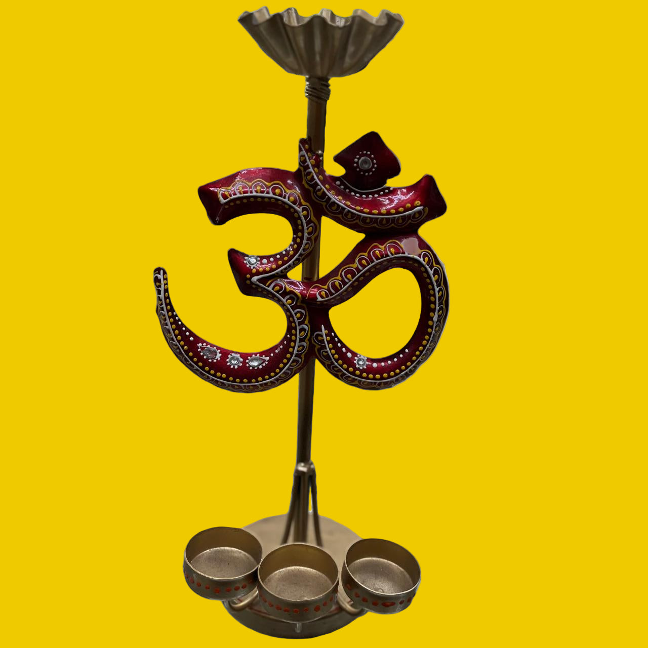 Decorative Brass Om Diya Stand with 3 Diyas & Agarbatti Holder