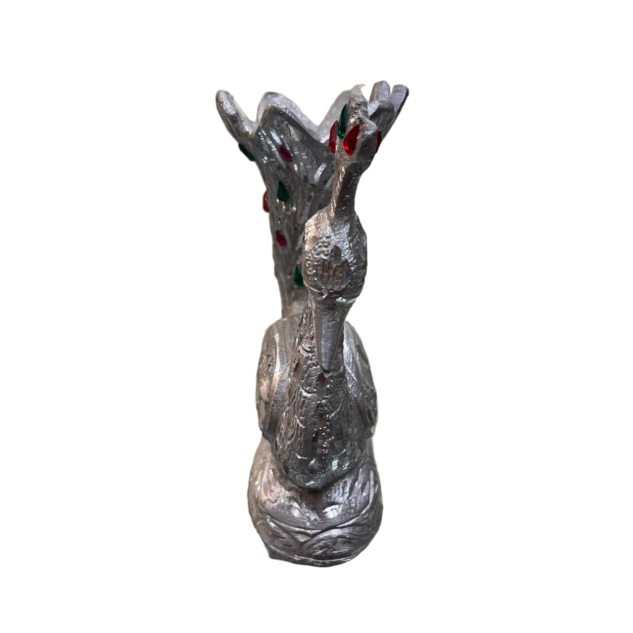 Unbreakable Silver Peacock Decorative Showpiece with Gemstone Accents