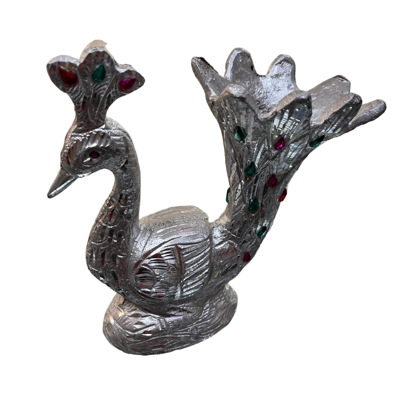 Unbreakable Silver Peacock Decorative Showpiece with Gemstone Accents