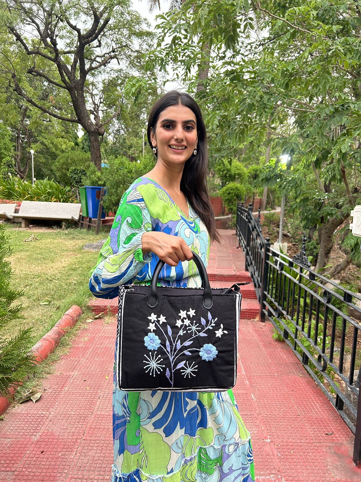 Handcrafted Black Tote Bag with Floral Embroidery – Elegant Everyday Carry