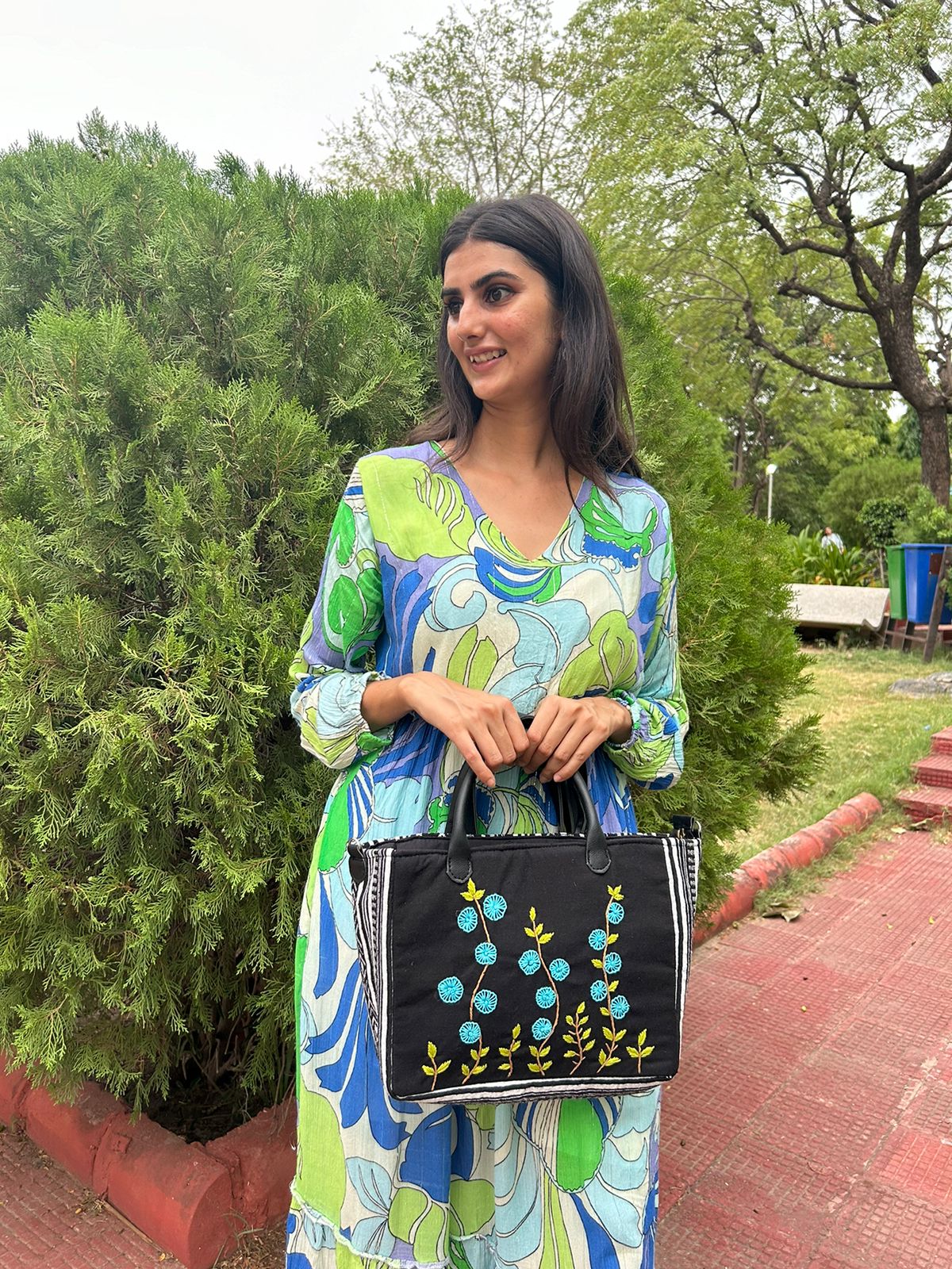 Black Jacquard Tote Bag with Blue Floral Hand Embroidery – Handmade Eco-Friendly Handbag