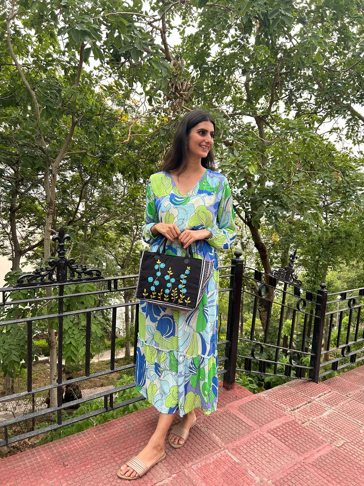 Black Jacquard Tote Bag with Blue Floral Hand Embroidery – Handmade Eco-Friendly Handbag