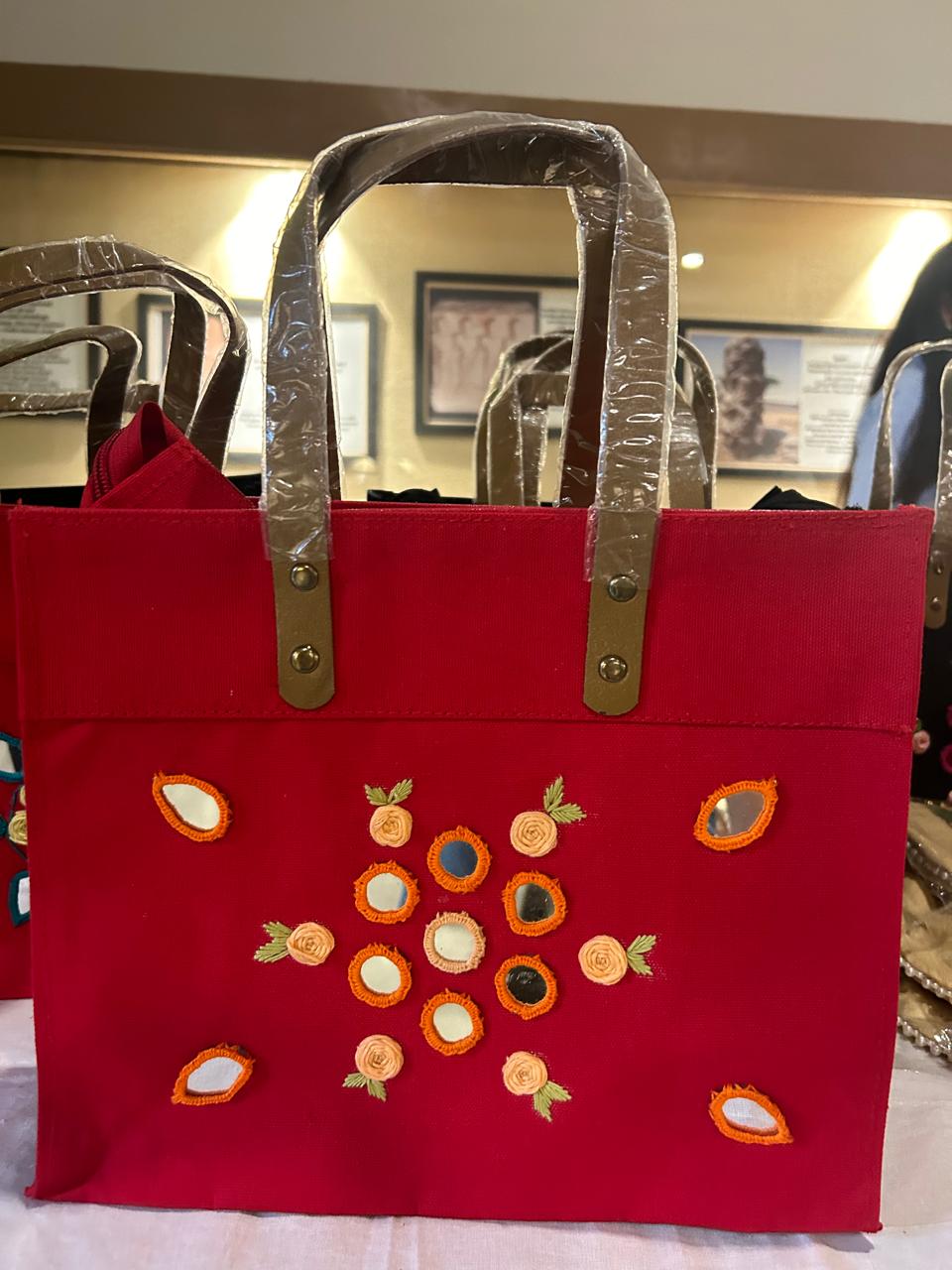 Red Laminated Canvas Tote Bag with Mirror & Floral Embroidery – Handmade Handbag
