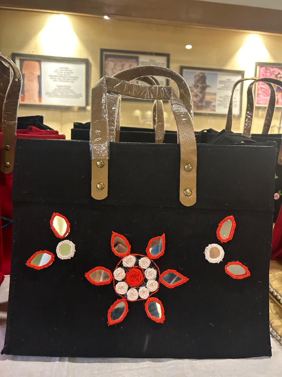 Black Laminated Canvas Tote Bag with Red Floral & Mirror Embroidery – Handmade Handbag (12 x 10 x 6 inch)