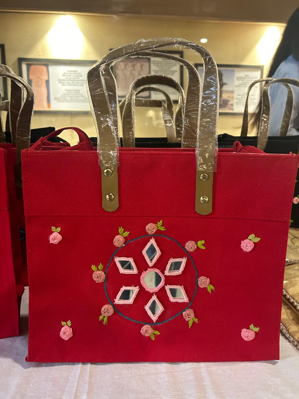 Red Laminated Canvas Tote Bag with Mirror & Floral Embroidery – Handmade Handbag