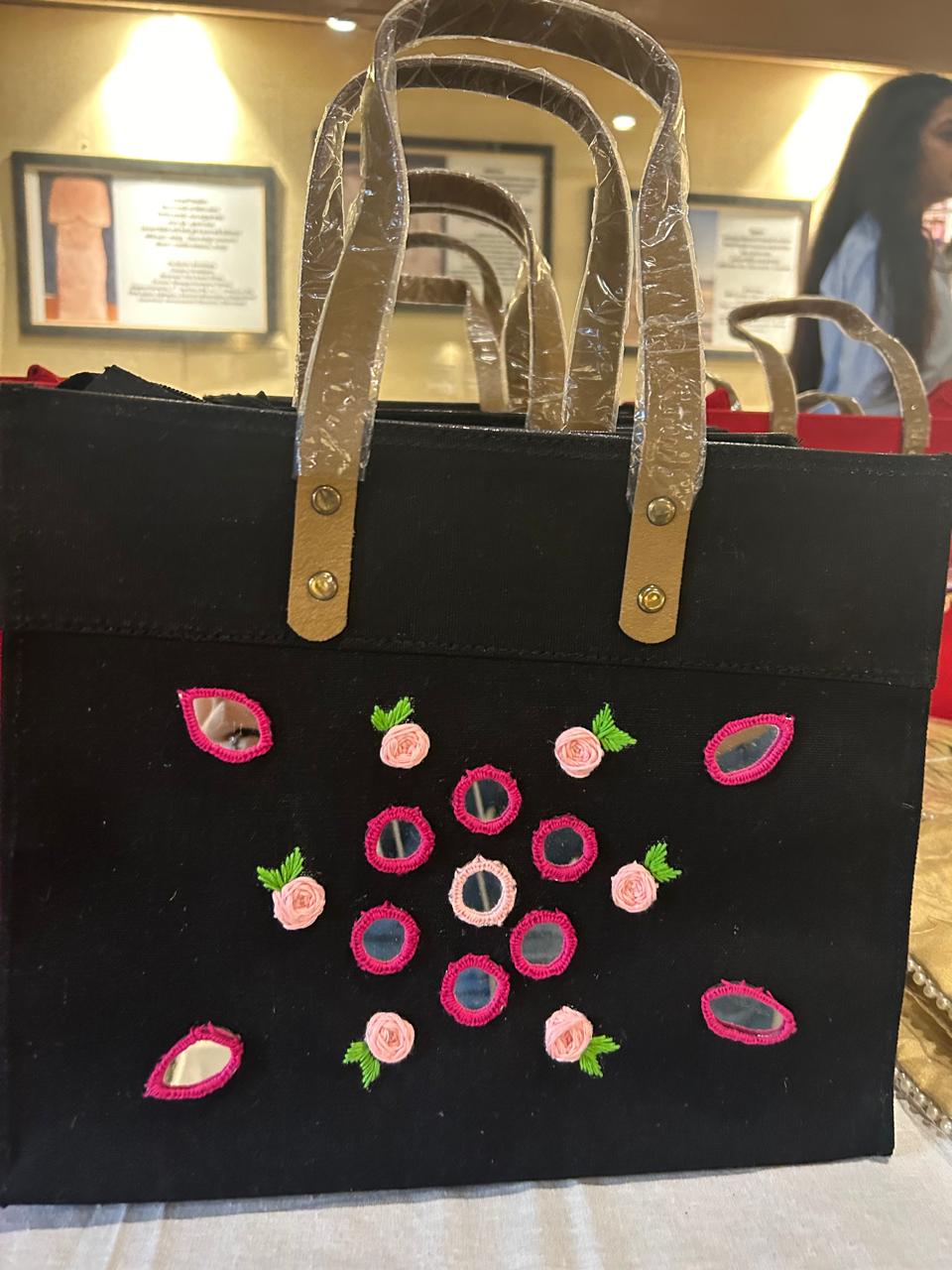Black Laminated Canvas Tote Bag with Pink Rose Embroidery & Mirror Work – Handmade Eco-Friendly Bag (12 x 10 x 6 inch)