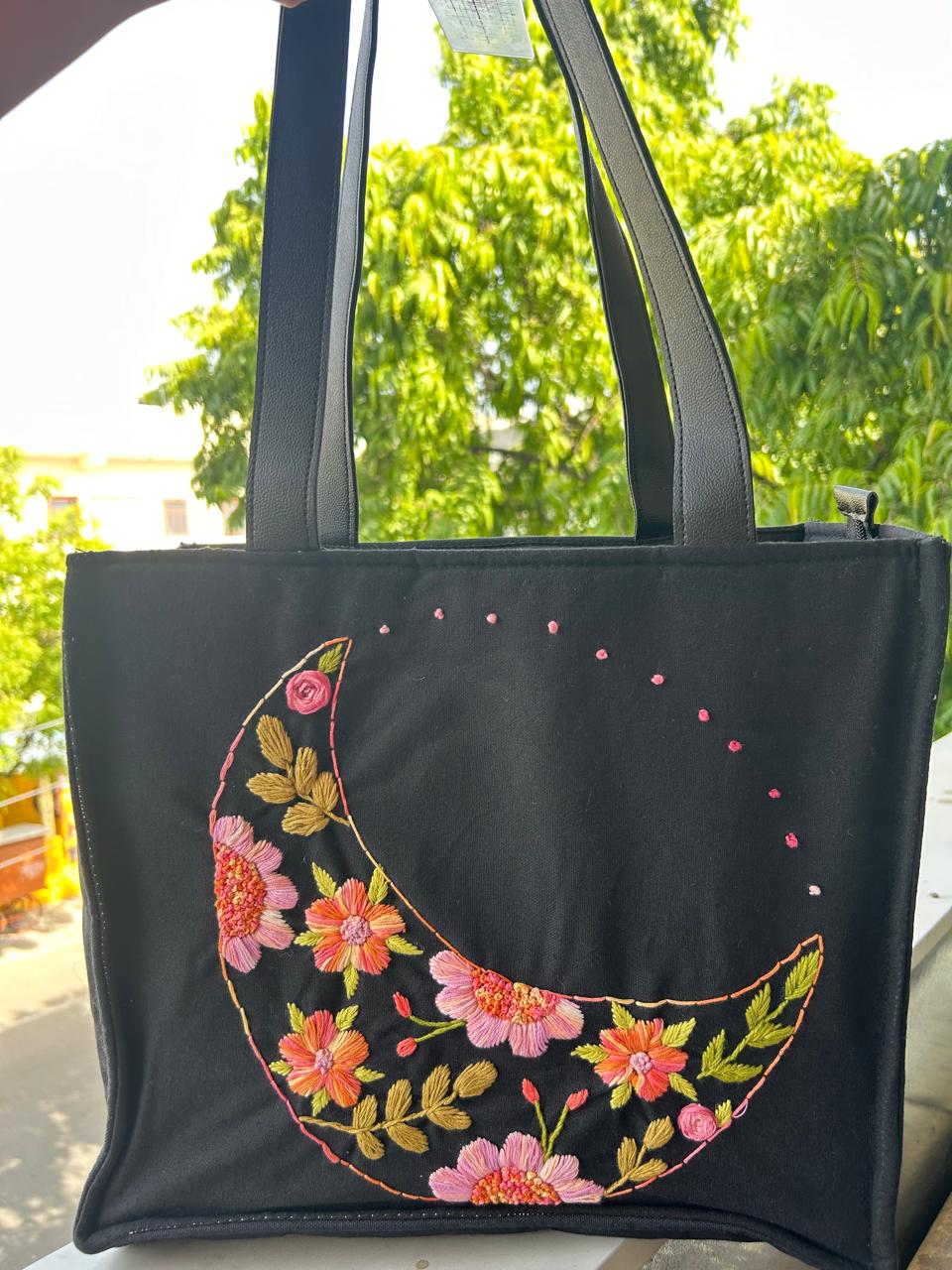 Black Cotton Canvas Tote Bag with Hand Embroidered Crescent Moon Floral Design & PU Leather Straps – 13.5 x 12 x 6 inch