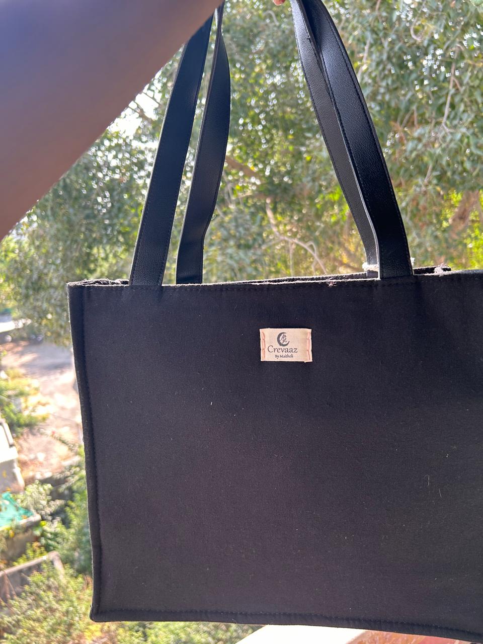 Black Cotton Canvas Tote Bag with Hand Embroidered Crescent Moon Floral Design & PU Leather Straps – 13.5 x 12 x 6 inch