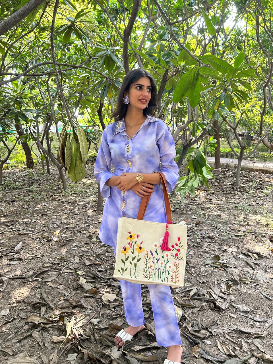 Handmade Floral Embroidered Canvas Tote Bag with PU Leather Handles – Beige