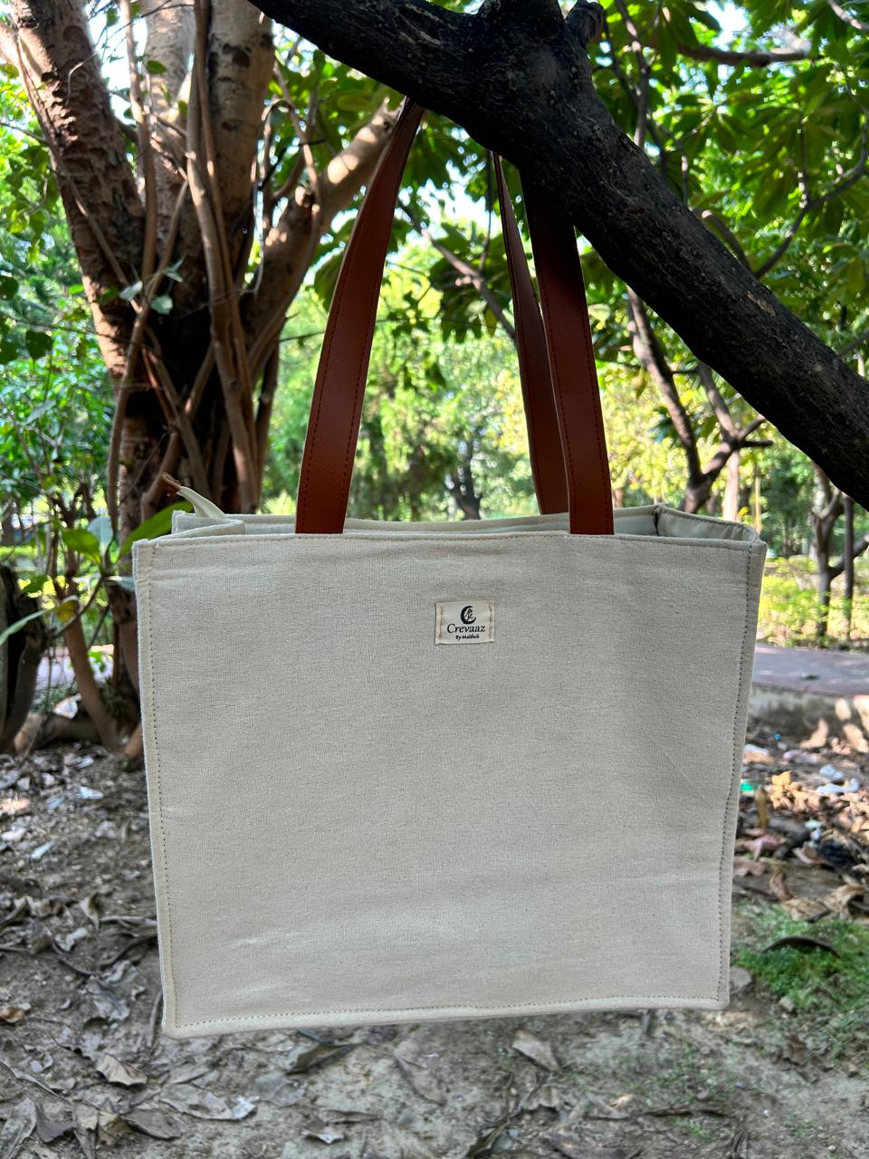 Handmade Floral Embroidered Canvas Tote Bag with PU Leather Handles – Beige