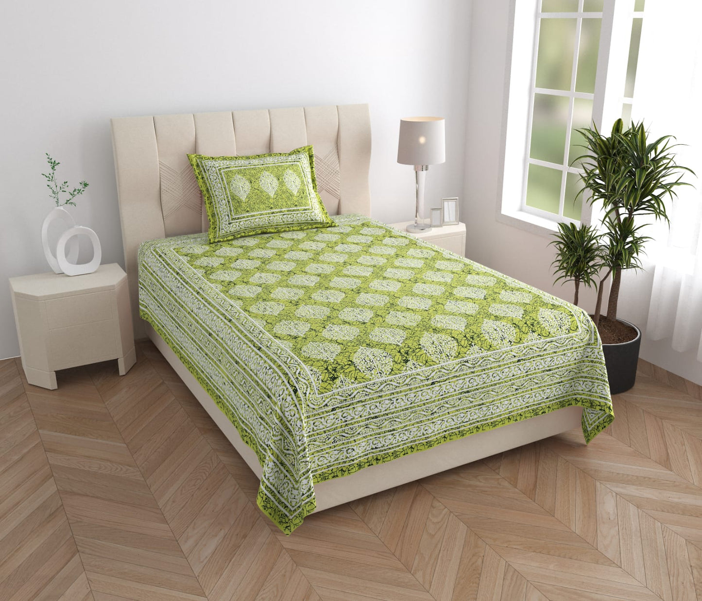 Single Cot Cotton Bedsheet – 150 TC, Traditional Print, Orange with Pillow Cover