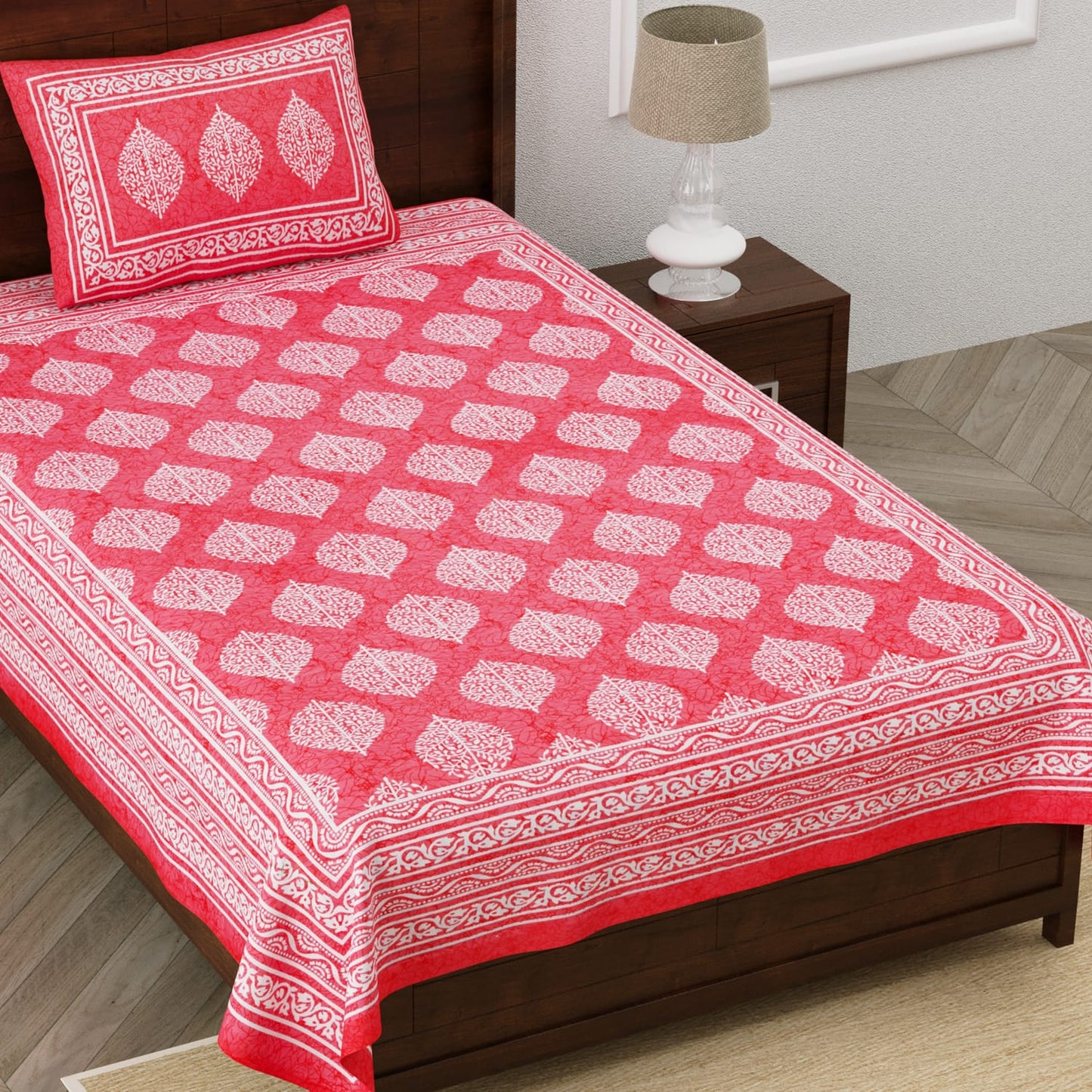 Single Cot Cotton Bedsheet – 150 TC, Traditional Print, Orange with Pillow Cover