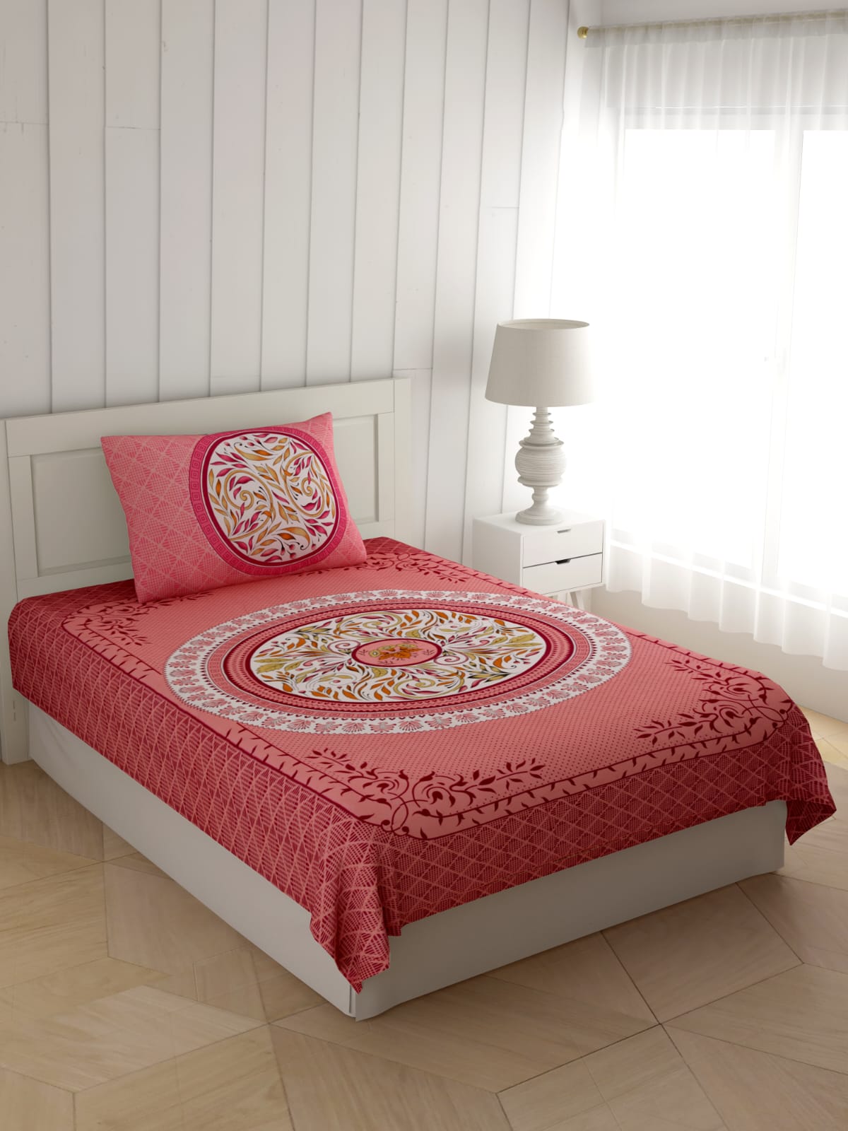 Single Cot Cotton Bedsheet โ 150 TC โ Elegant Green with Mandala Print