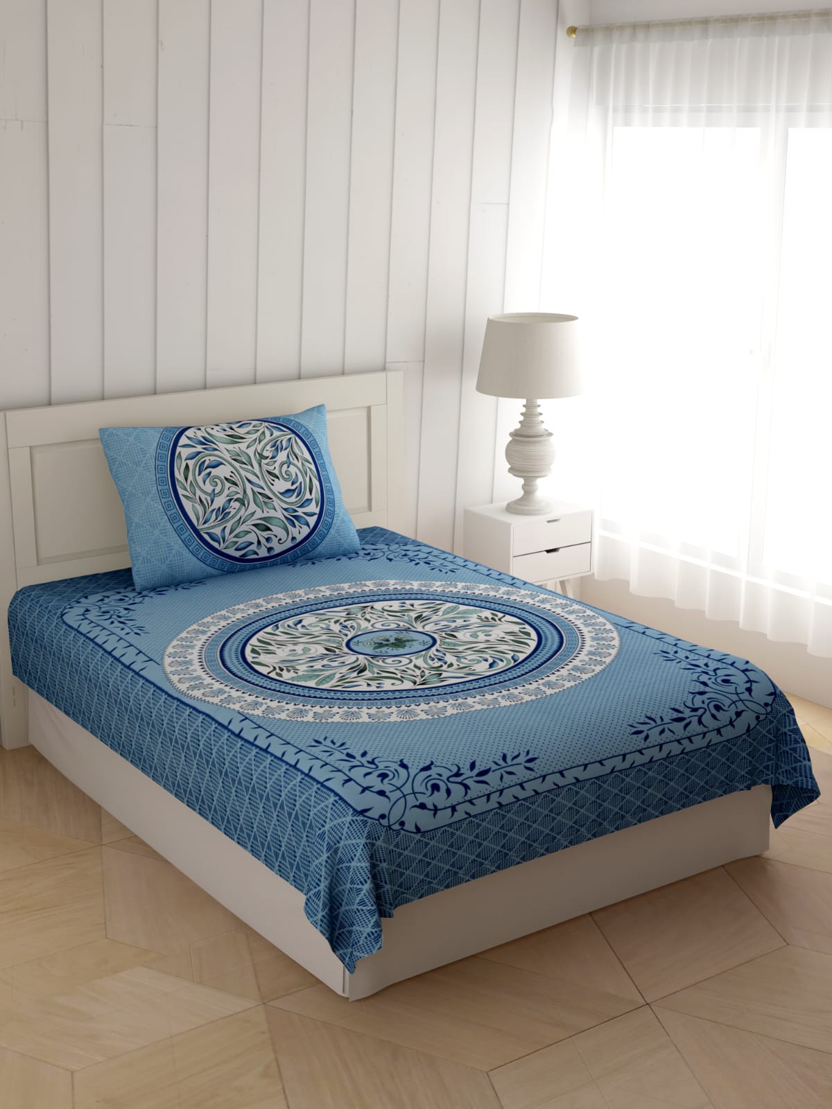Single Cot Cotton Bedsheet โ 150 TC โ Elegant Green with Mandala Print