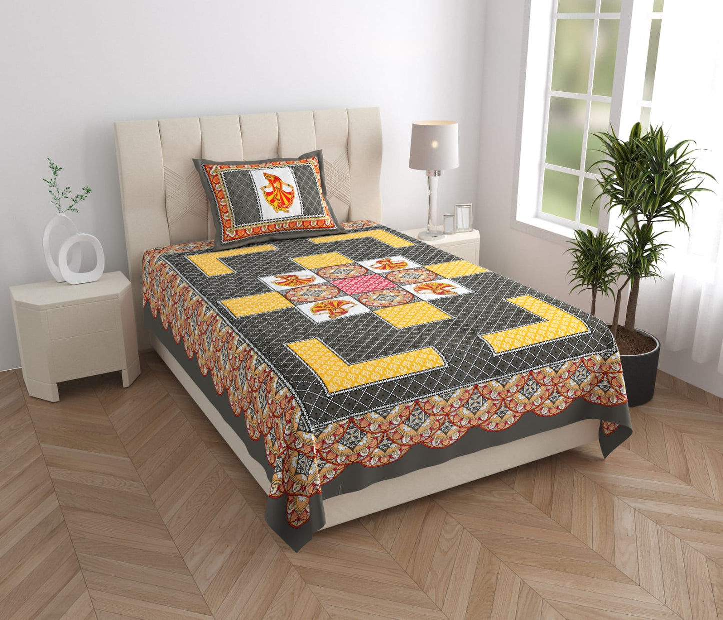 Cotton Single Bed Bedsheet with Pillow Cover – 150 TC, Traditional Rajasthani Print