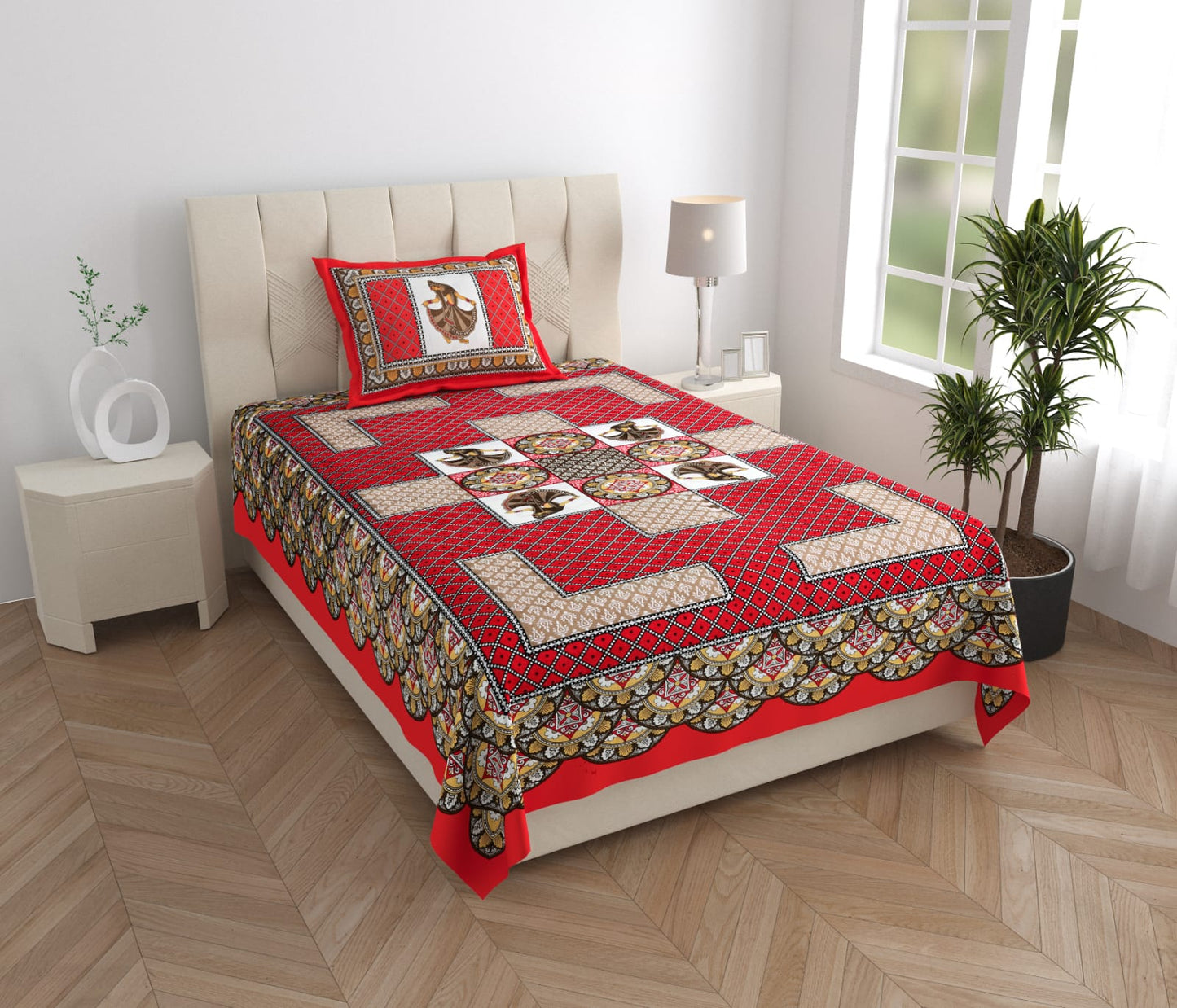 Cotton Single Bed Bedsheet with Pillow Cover – 150 TC, Traditional Rajasthani Print