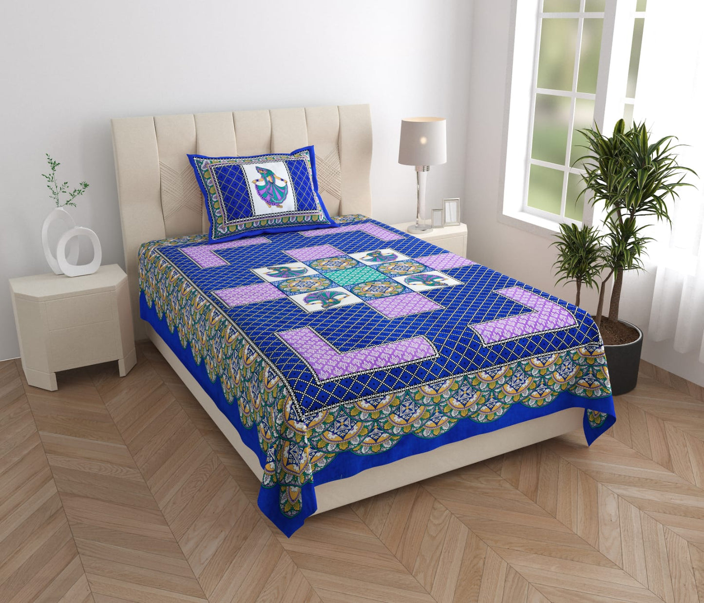 Cotton Single Bed Bedsheet with Pillow Cover – 150 TC, Traditional Rajasthani Print