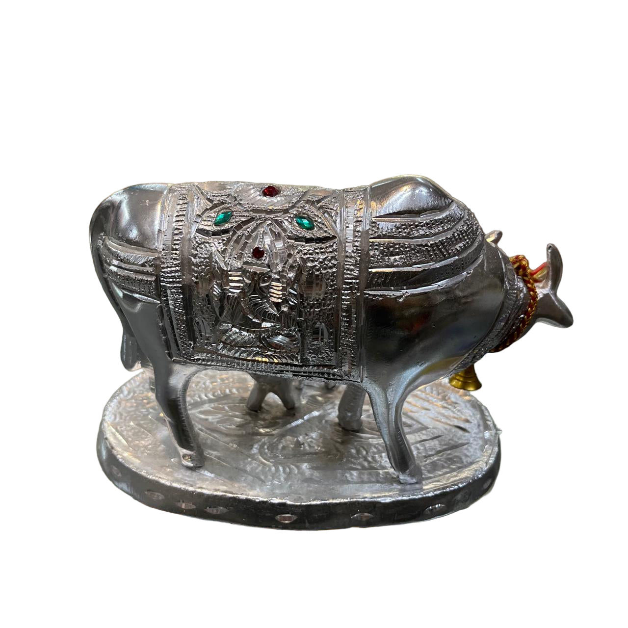 Unbreakable Silver-Plated Kamdhenu Cow and Calf Showpiece with Goddess Engraving