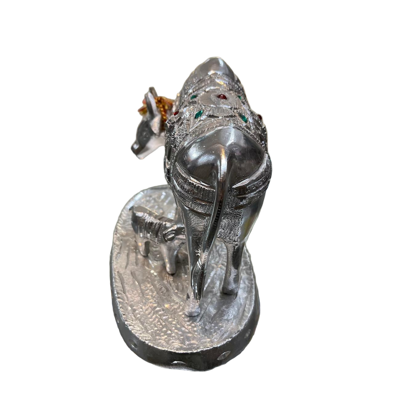 Unbreakable Silver-Plated Kamdhenu Cow and Calf Showpiece with Goddess Engraving