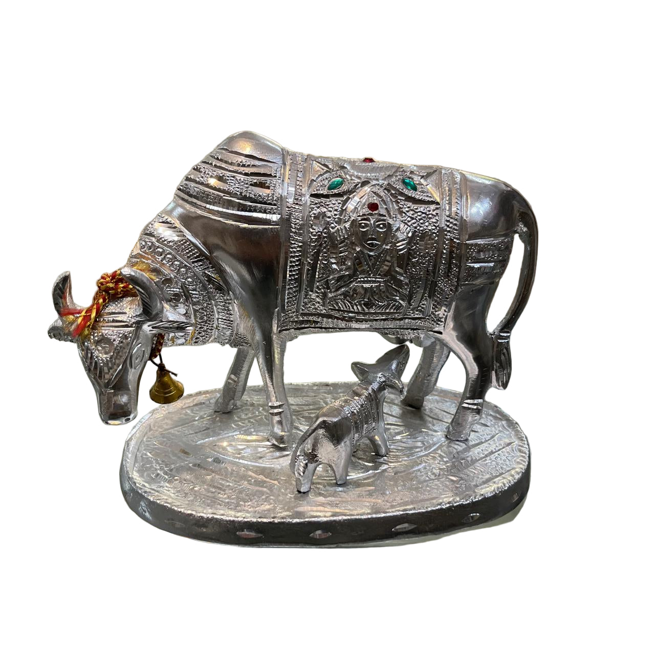 Unbreakable Silver-Plated Kamdhenu Cow and Calf Showpiece with Goddess Engraving