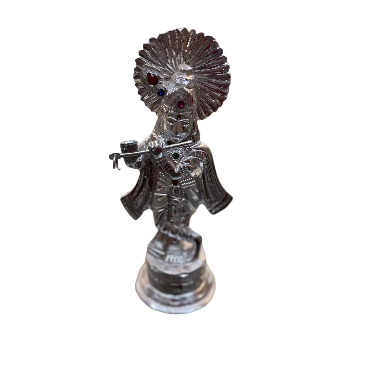 Unbreakable Silver-Plated Lord Krishna Idol with Gemstone Embellishments